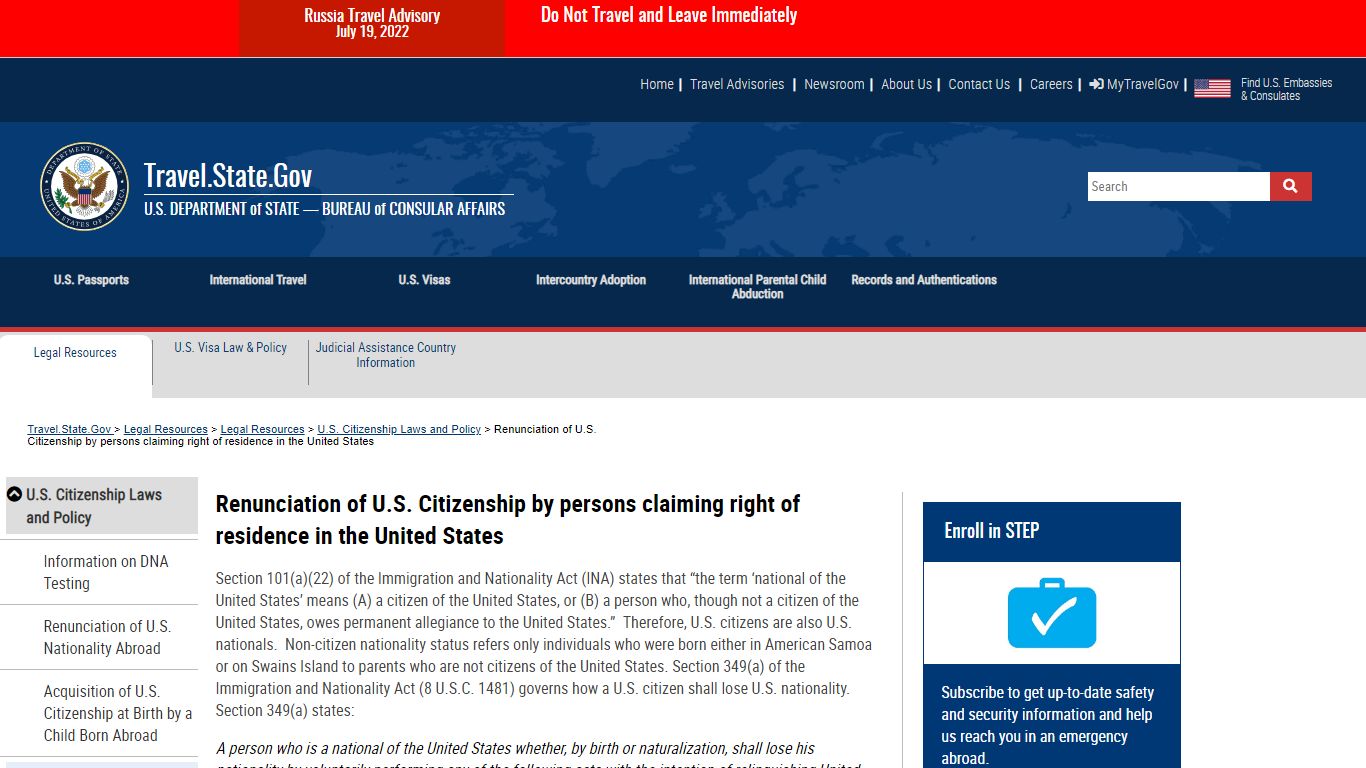 Renunciation of U.S. Citizenship by persons claiming right of residence ...